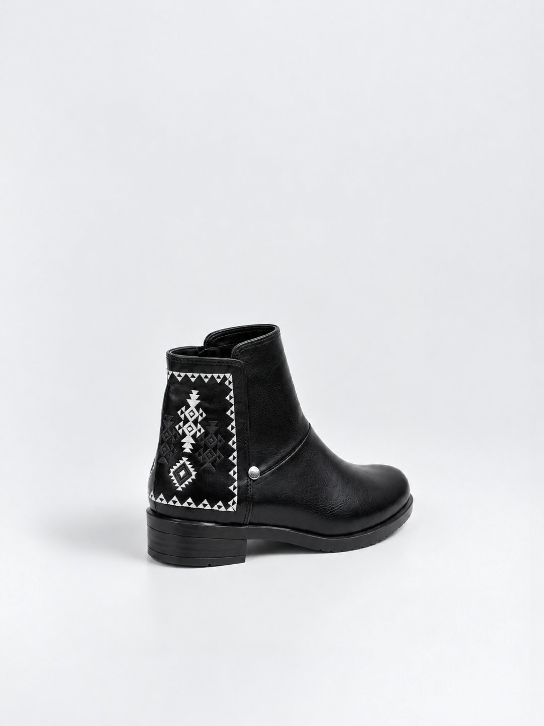 Black embroidered panel ankle boot faux leather – back three-quarter view