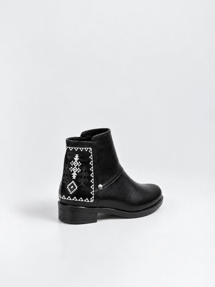 Black embroidered panel ankle boot faux leather – back three-quarter view