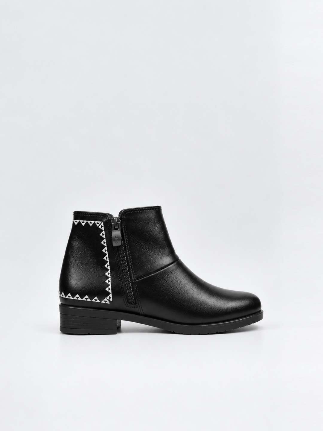 Black embroidered panel ankle boot faux leather – inner side view showing the zip