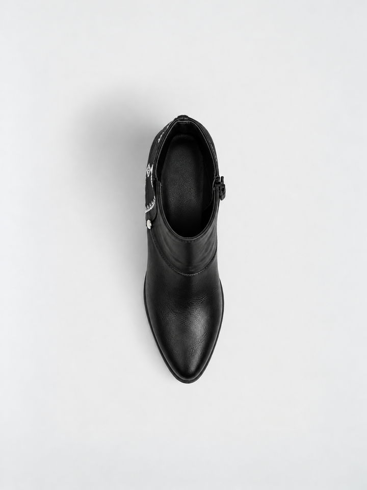 Black embroidered panel ankle boot faux leather – top view