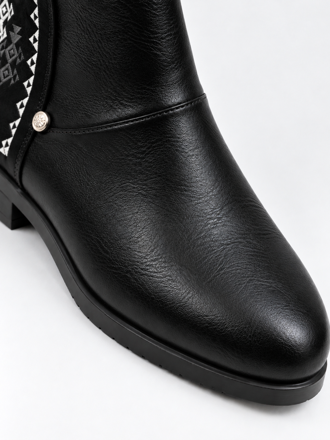 Black embroidered panel ankle boot faux leather – round toe close-up