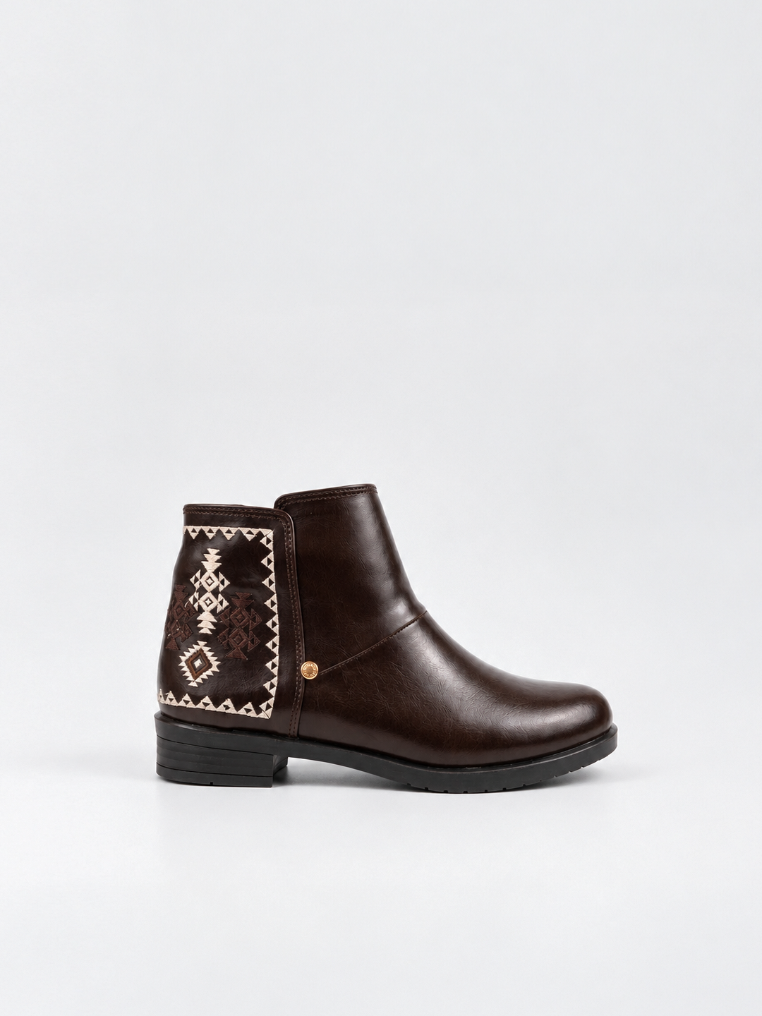 Brown embroidered panel ankle boot faux leather – side view
