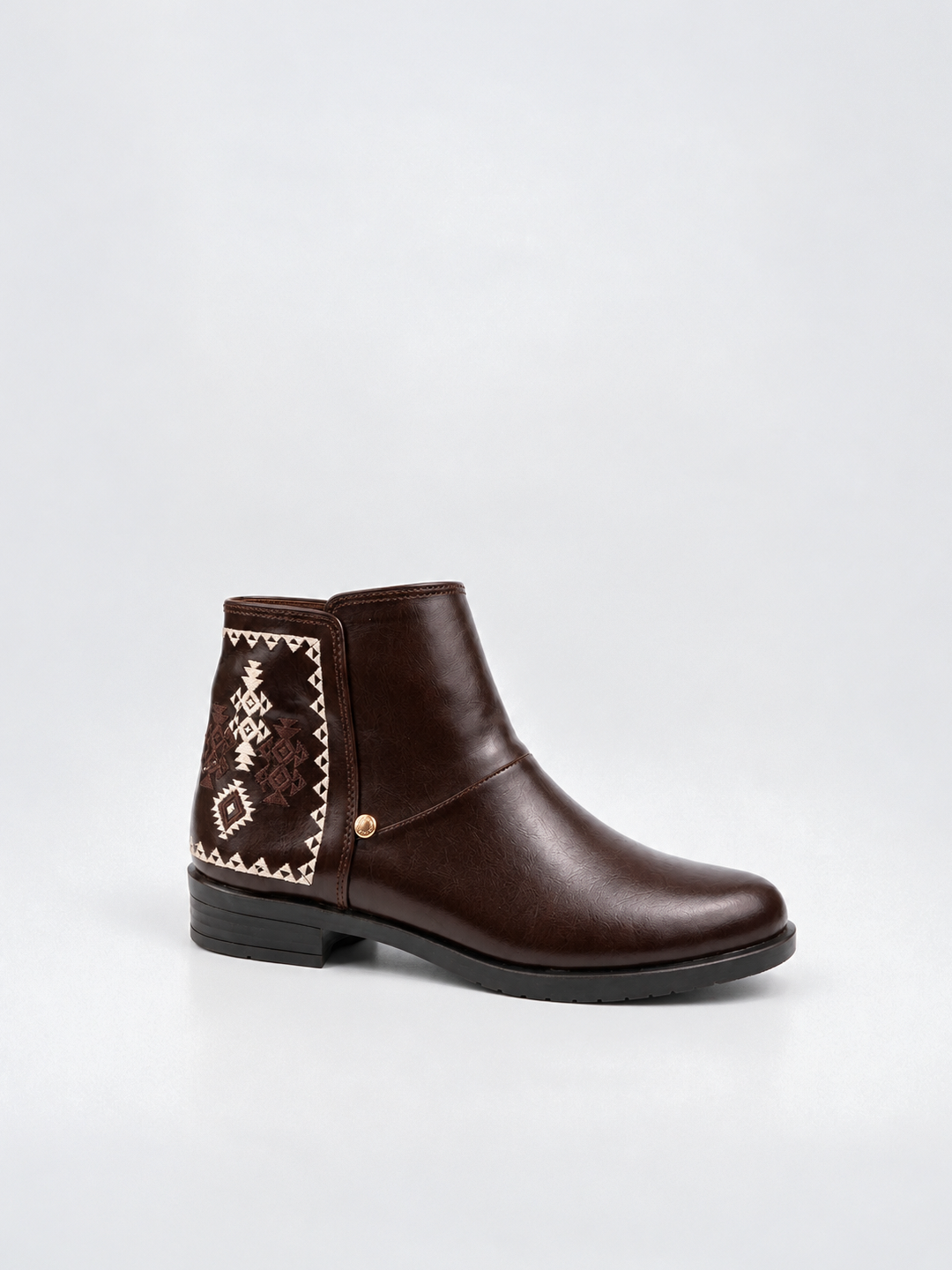 Brown embroidered panel ankle boot faux leather – front three-quarter view