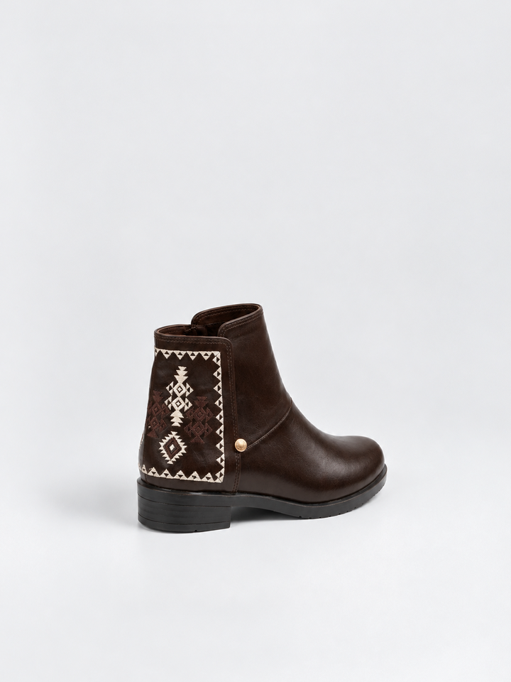 Brown embroidered panel ankle boot faux leather – back three-quarter view