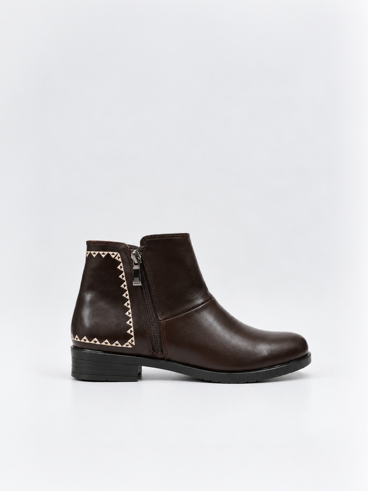 Brown embroidered panel ankle boot faux leather – inner side view showing the zip