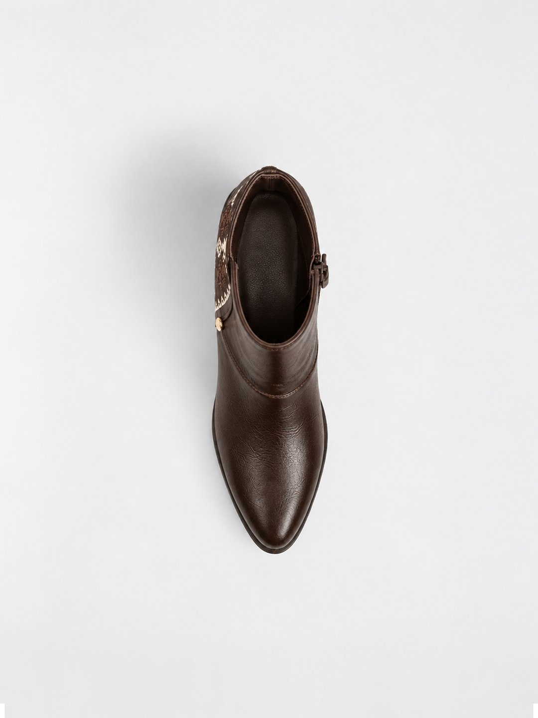 Brown embroidered panel ankle boot faux leather – top view