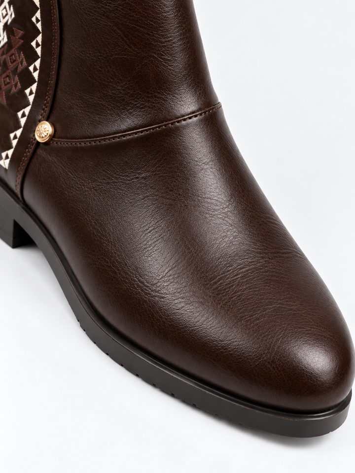 Brown embroidered panel ankle boot faux leather – round toe close-up