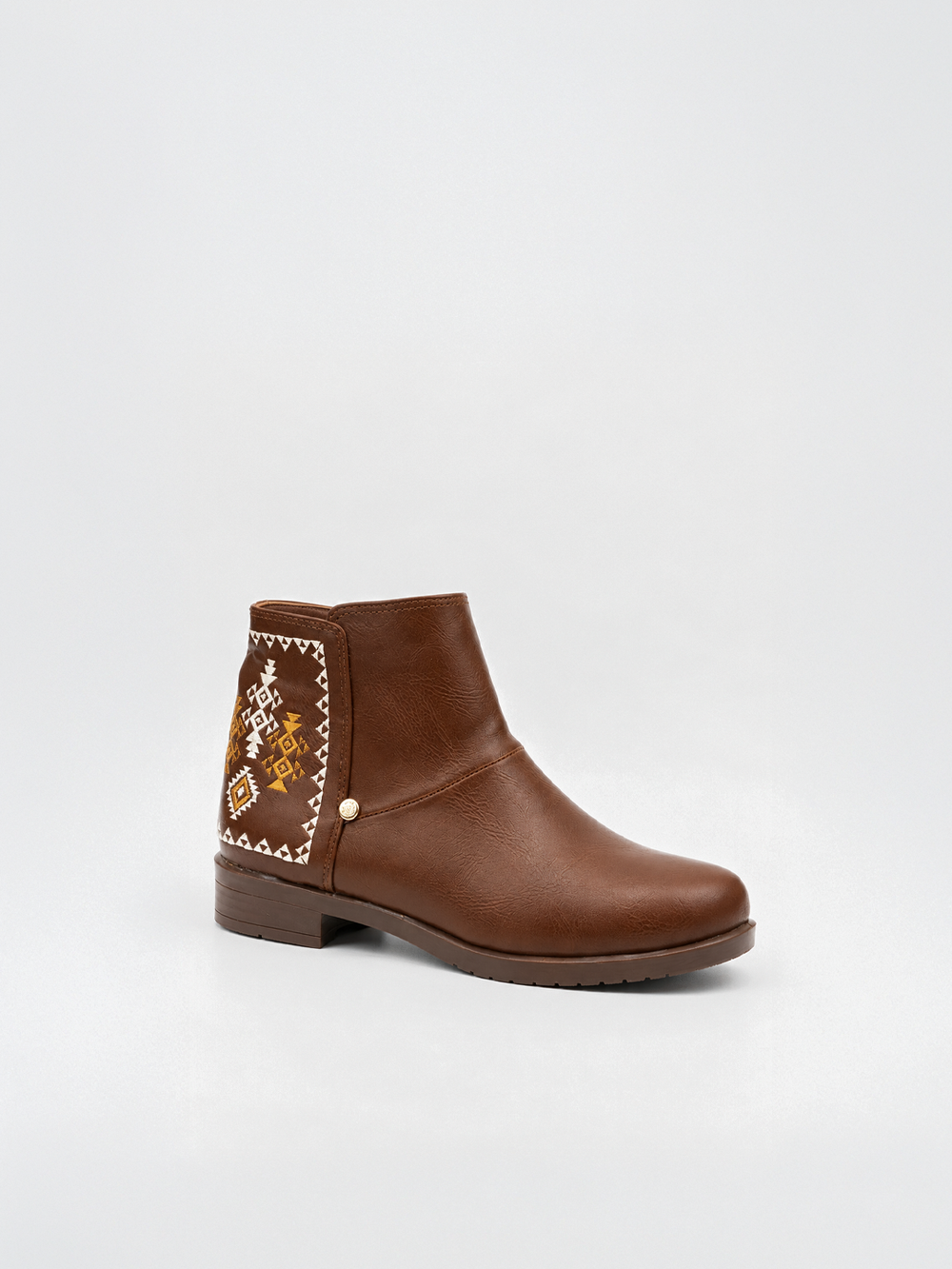 Havane embroidered panel ankle boot faux leather – front three-quarter view