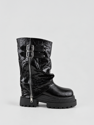Faux Leather Crinkled Double-Buckle Platform Boot – Black