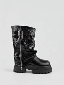 Black crinkled faux leather double-buckle platform boot – front three-quarter view