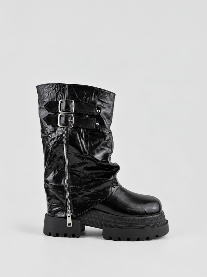 Black crinkled faux leather double-buckle platform boot – front three-quarter view