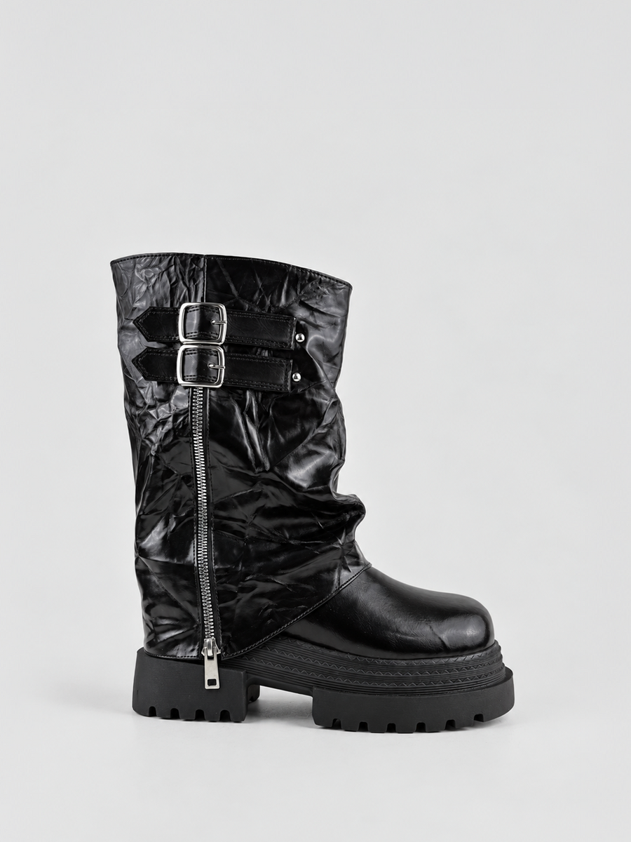 Faux Leather Crinkled Double-Buckle Platform Boot – Black