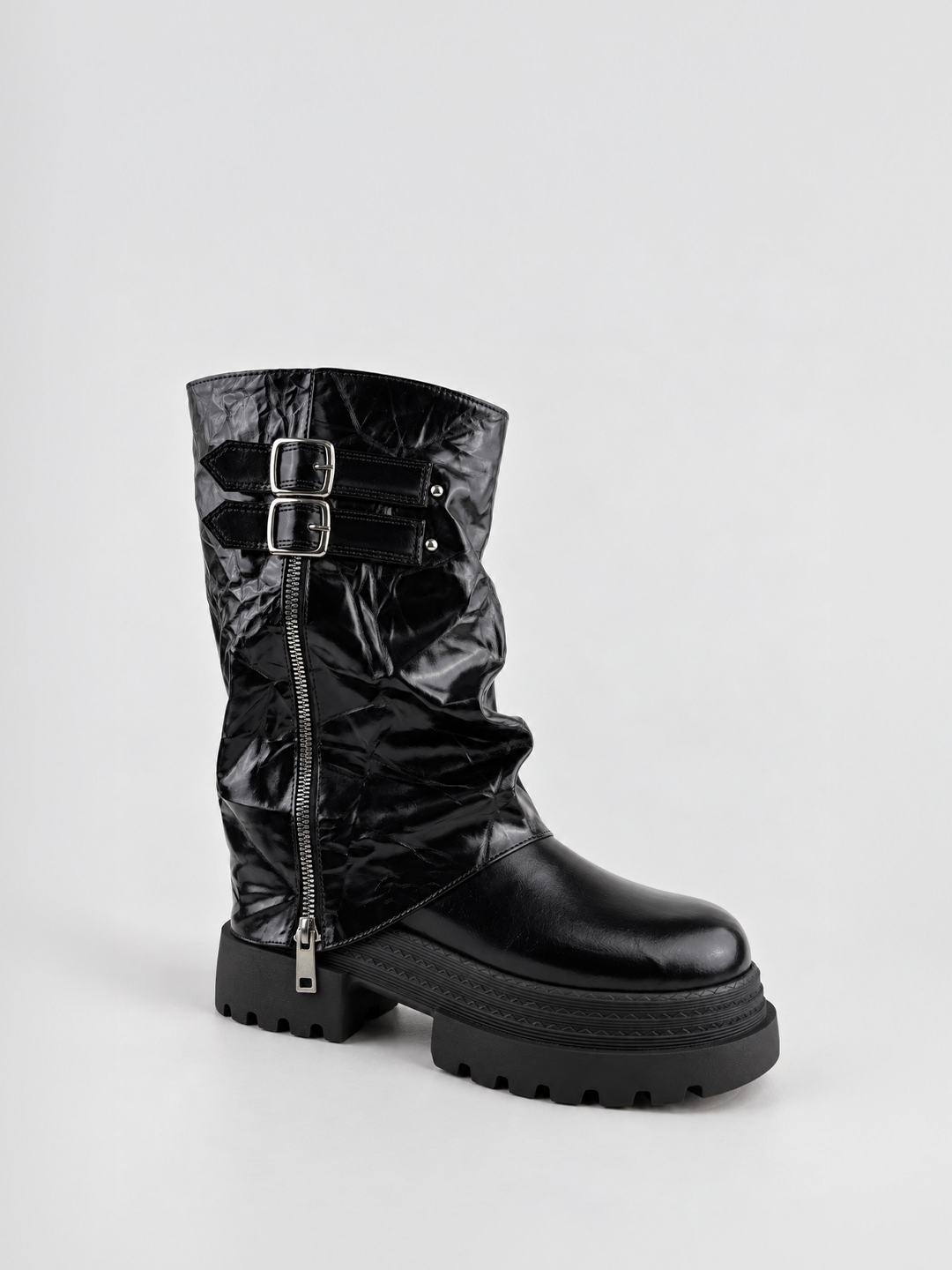 Black crinkled faux leather double-buckle platform boot – side view