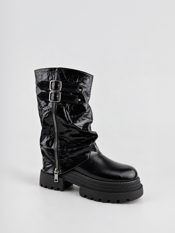 Black crinkled faux leather double-buckle platform boot – side view