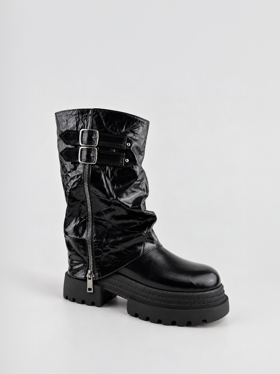 Faux Leather Crinkled Double-Buckle Platform Boot – Black