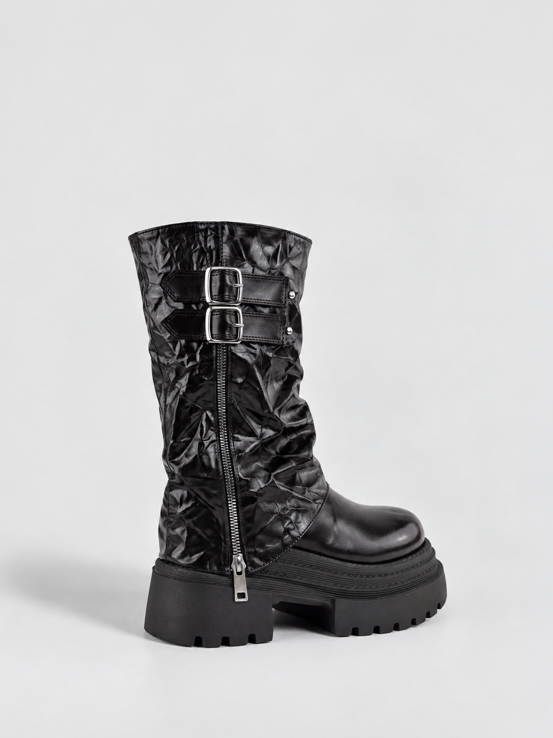 Black crinkled faux leather double-buckle platform boot – back three-quarter view