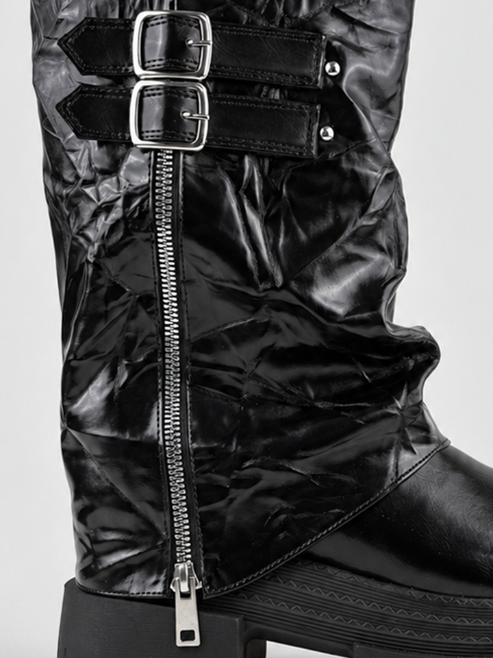 Black crinkled faux leather double-buckle platform boot – side zip and lug sole close-up