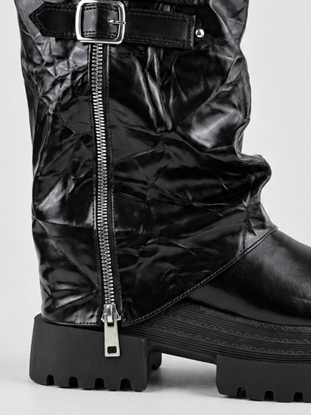 Black crinkled faux leather double-buckle platform boot – zip and buckle strap detail