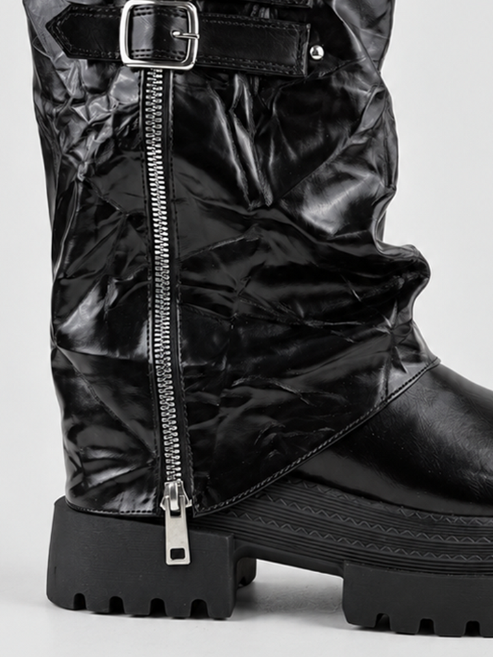 Black crinkled faux leather double-buckle platform boot – zip and buckle strap detail