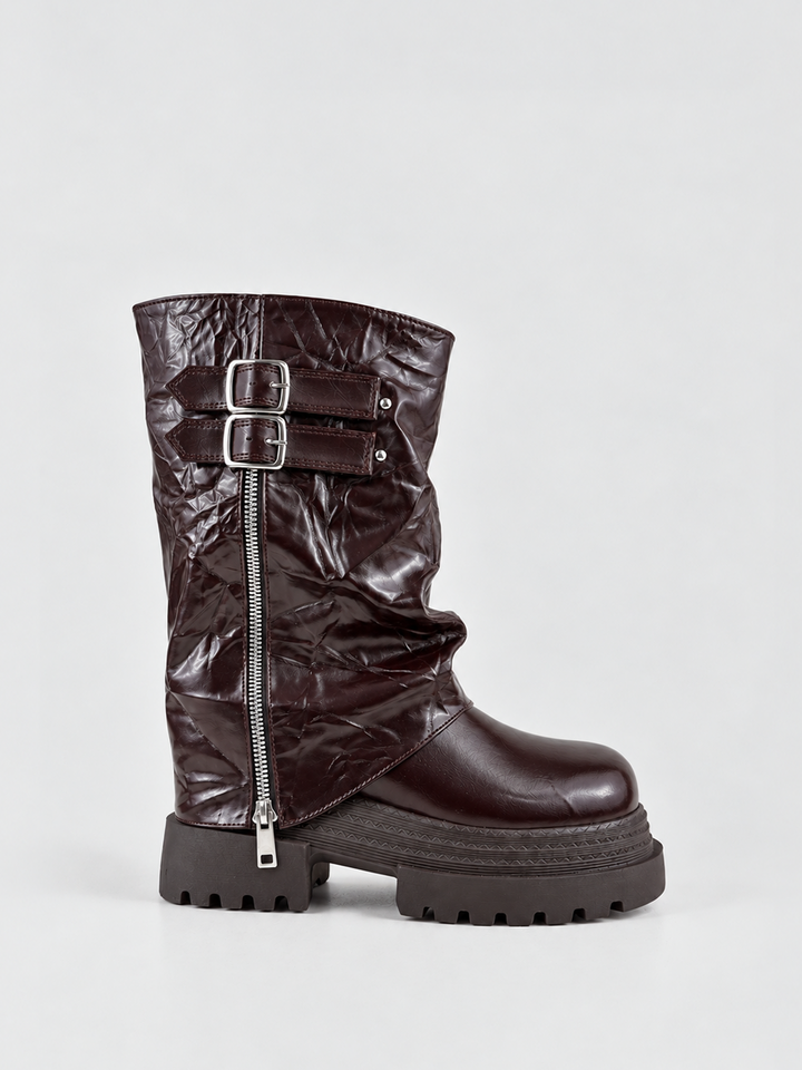Brown crinkled faux leather double-buckle platform boot – front three-quarter view