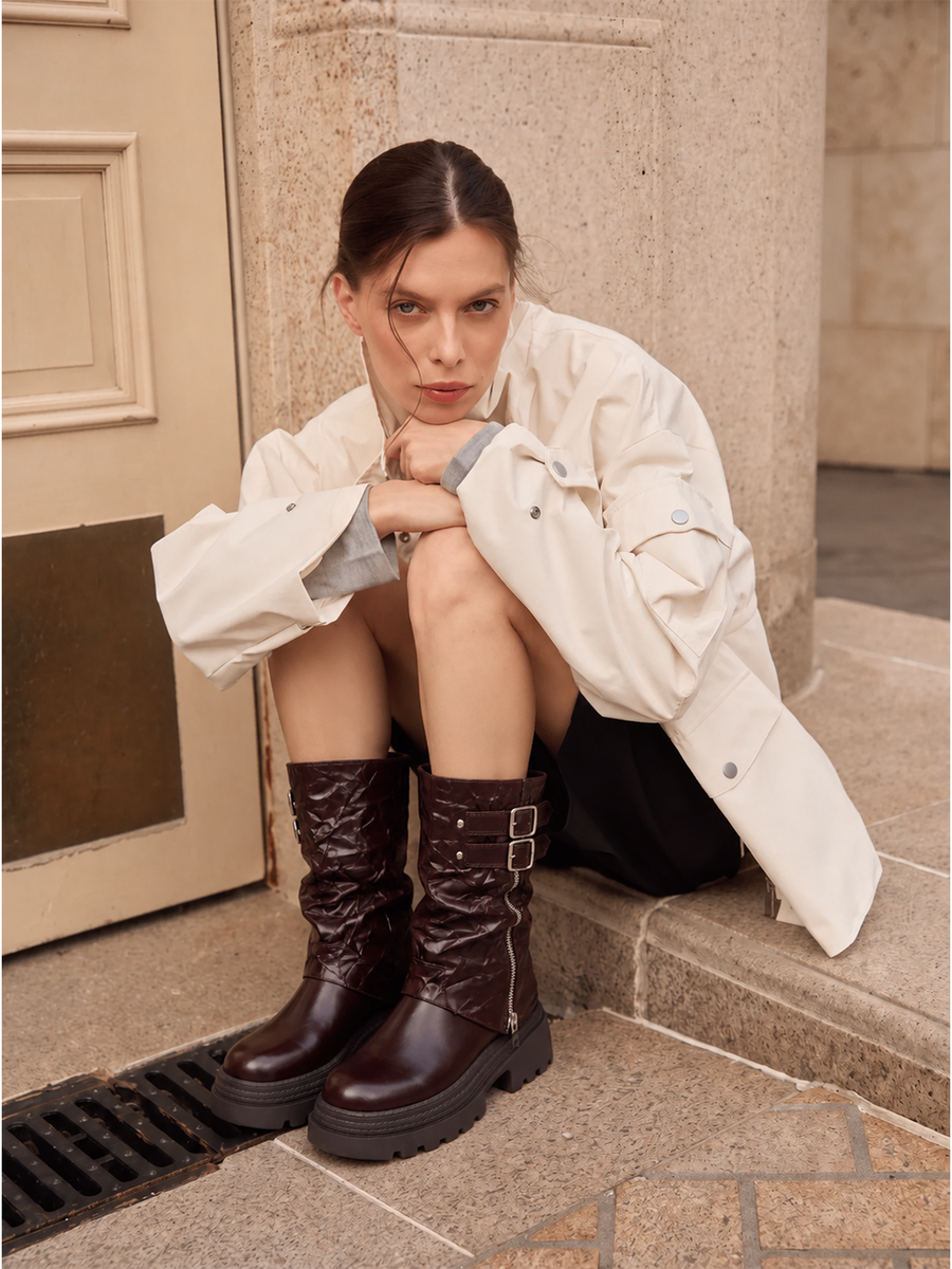 Faux Leather Crinkled Double-Buckle Platform Boot – Brown
