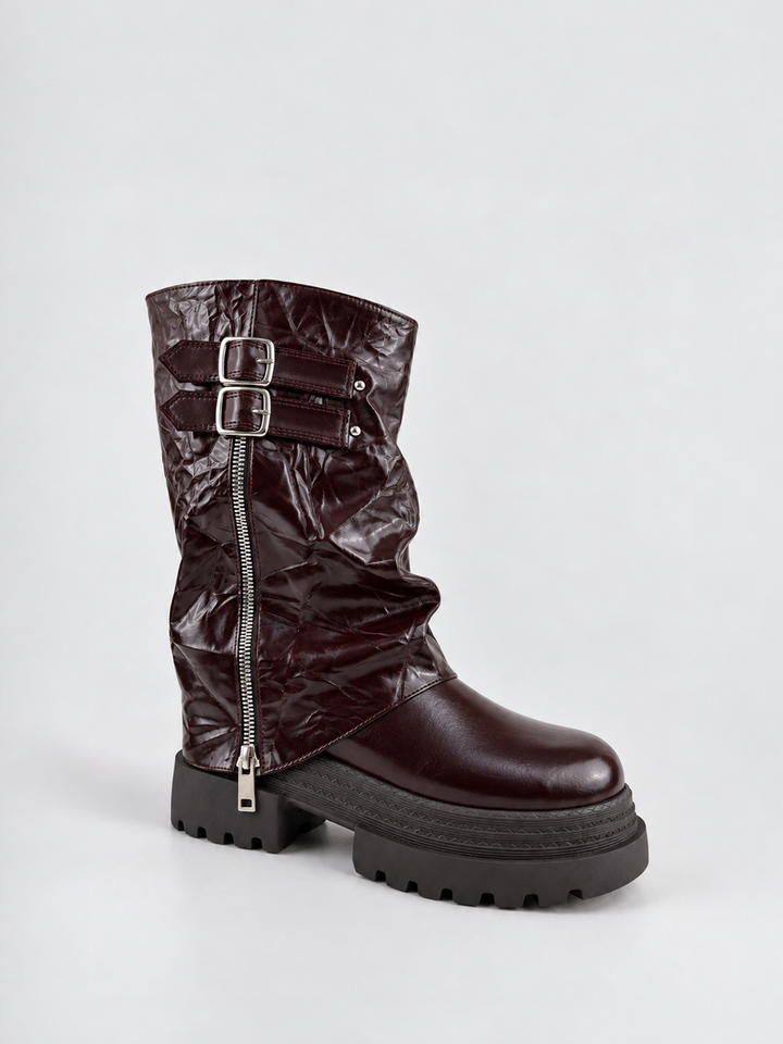 Brown crinkled faux leather double-buckle platform boot – side view