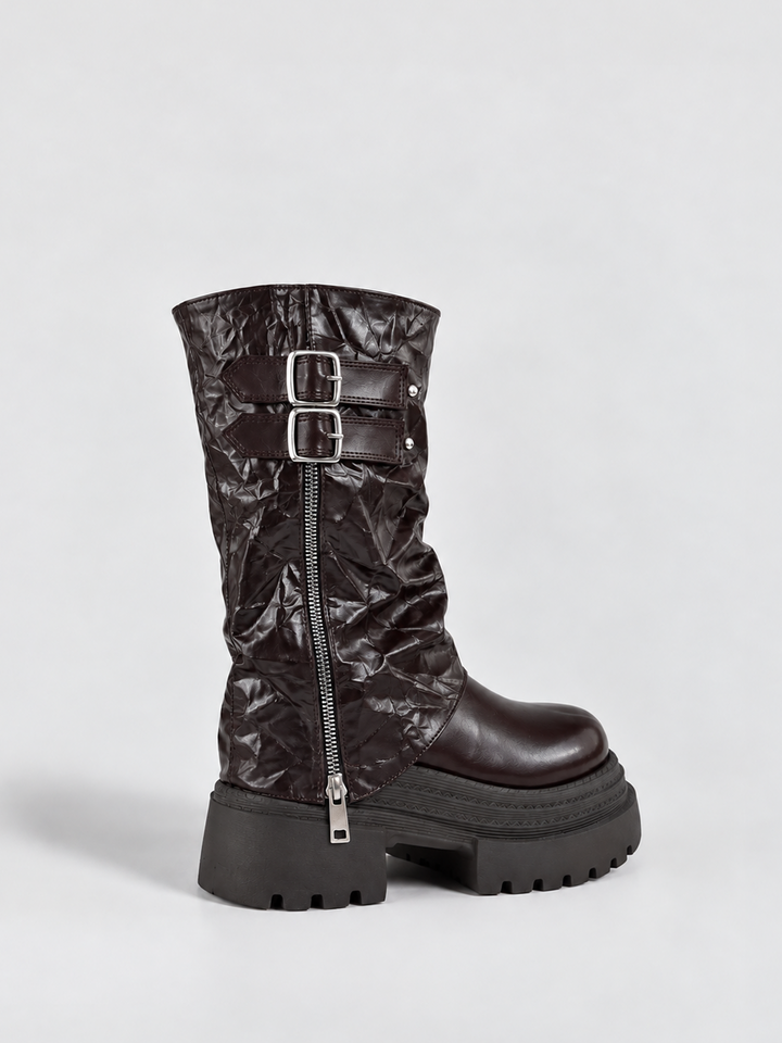 Brown crinkled faux leather double-buckle platform boot – back three-quarter view