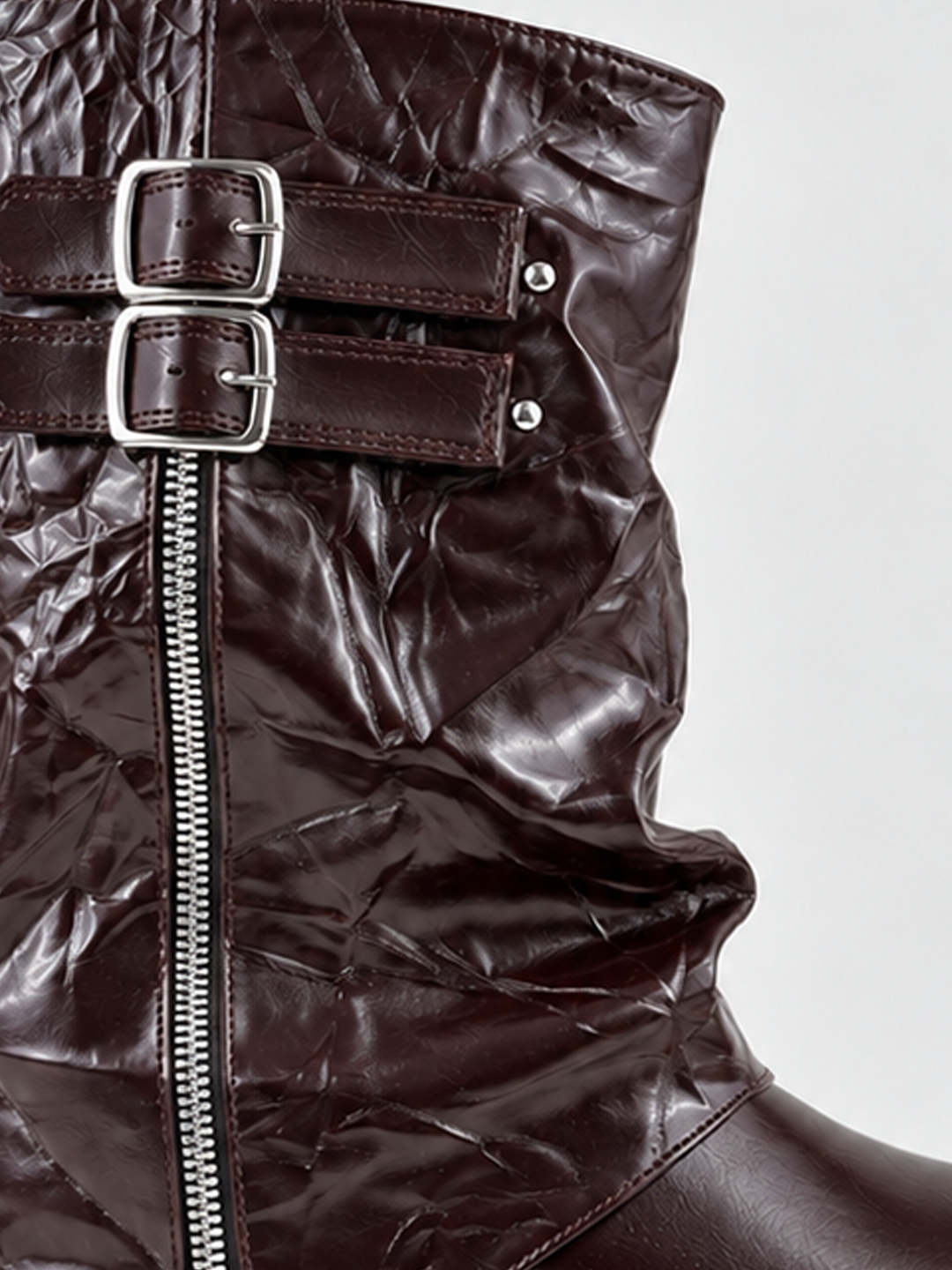Brown crinkled faux leather double-buckle platform boot – double buckle and zip detail