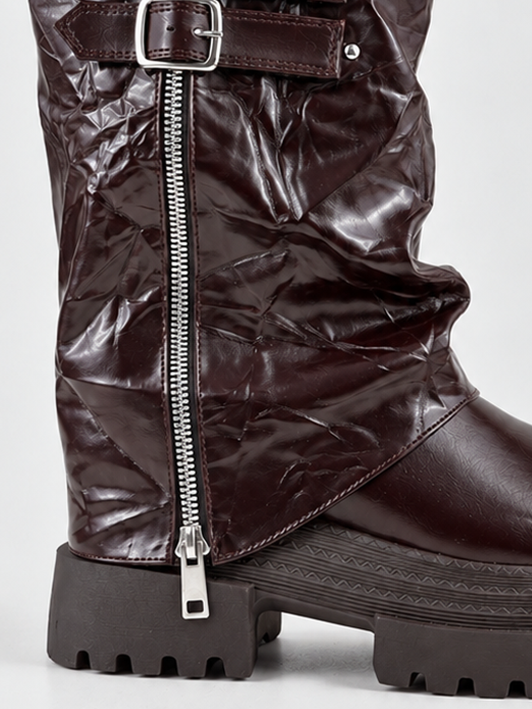Brown crinkled faux leather double-buckle platform boot – side zip and lug sole close-up