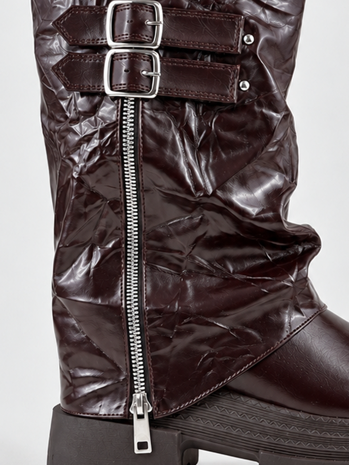 Brown crinkled faux leather double-buckle platform boot – zip and buckle strap detail