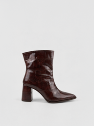 Faux Leather Croc-Embossed Block Heel Ankle Boot – Brown