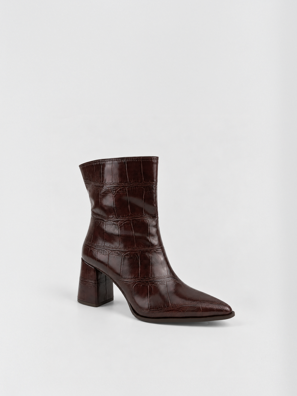 Brown croc-embossed faux leather block heel ankle boot – front three-quarter view