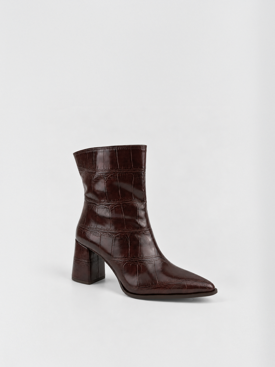 Brown croc-embossed faux leather block heel ankle boot – front three-quarter view