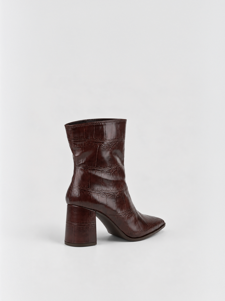 Brown croc-embossed faux leather block heel ankle boot – back three-quarter view