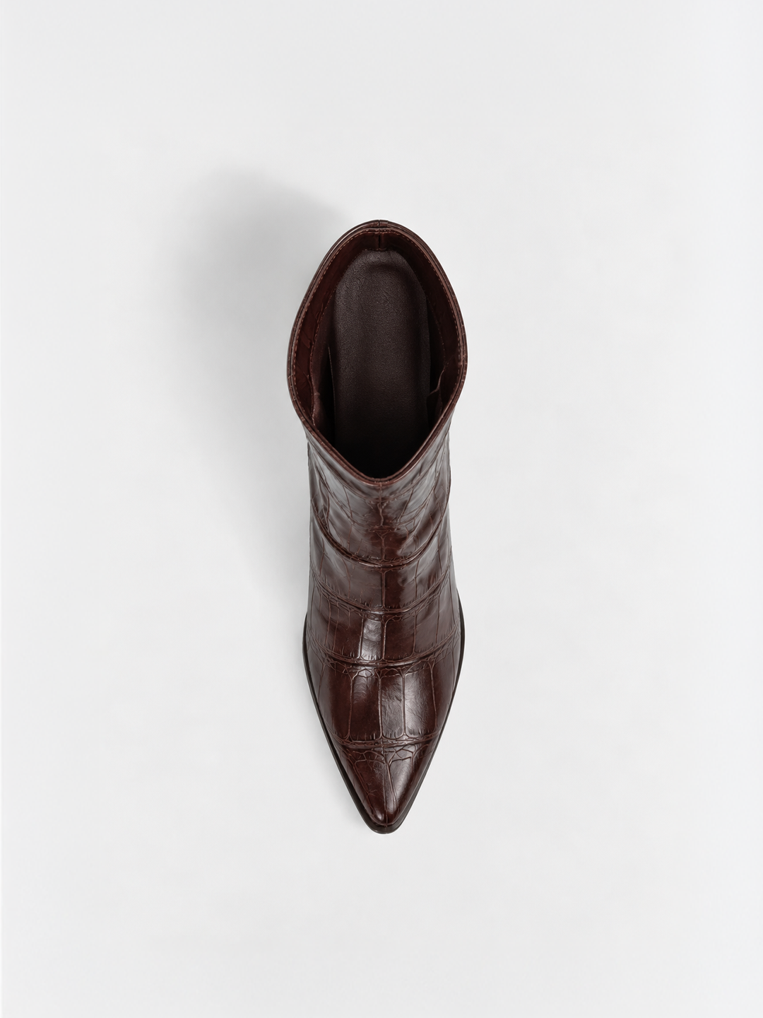 Brown croc-embossed faux leather block heel ankle boot – top view