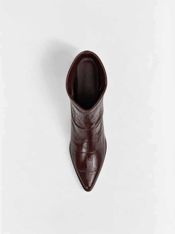 Brown croc-embossed faux leather block heel ankle boot – top view
