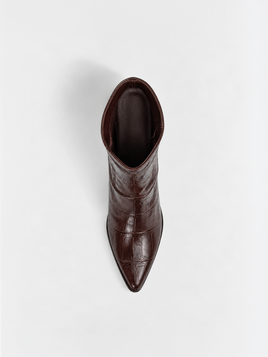 Faux Leather Croc-Embossed Block Heel Ankle Boot – Brown