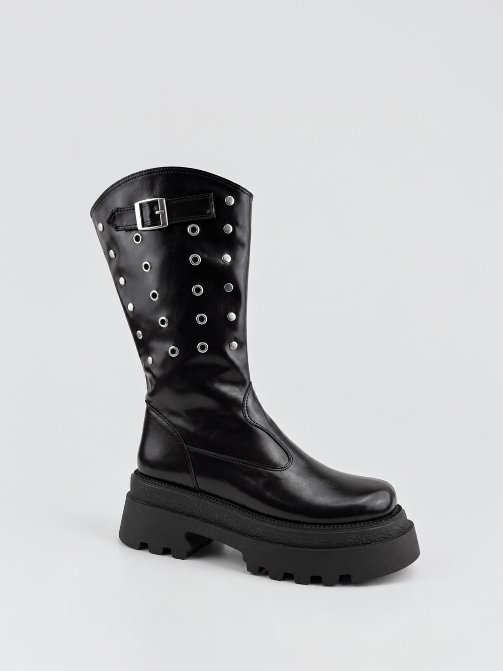 Black faux leather eyelet platform mid-calf boot – three-quarter view