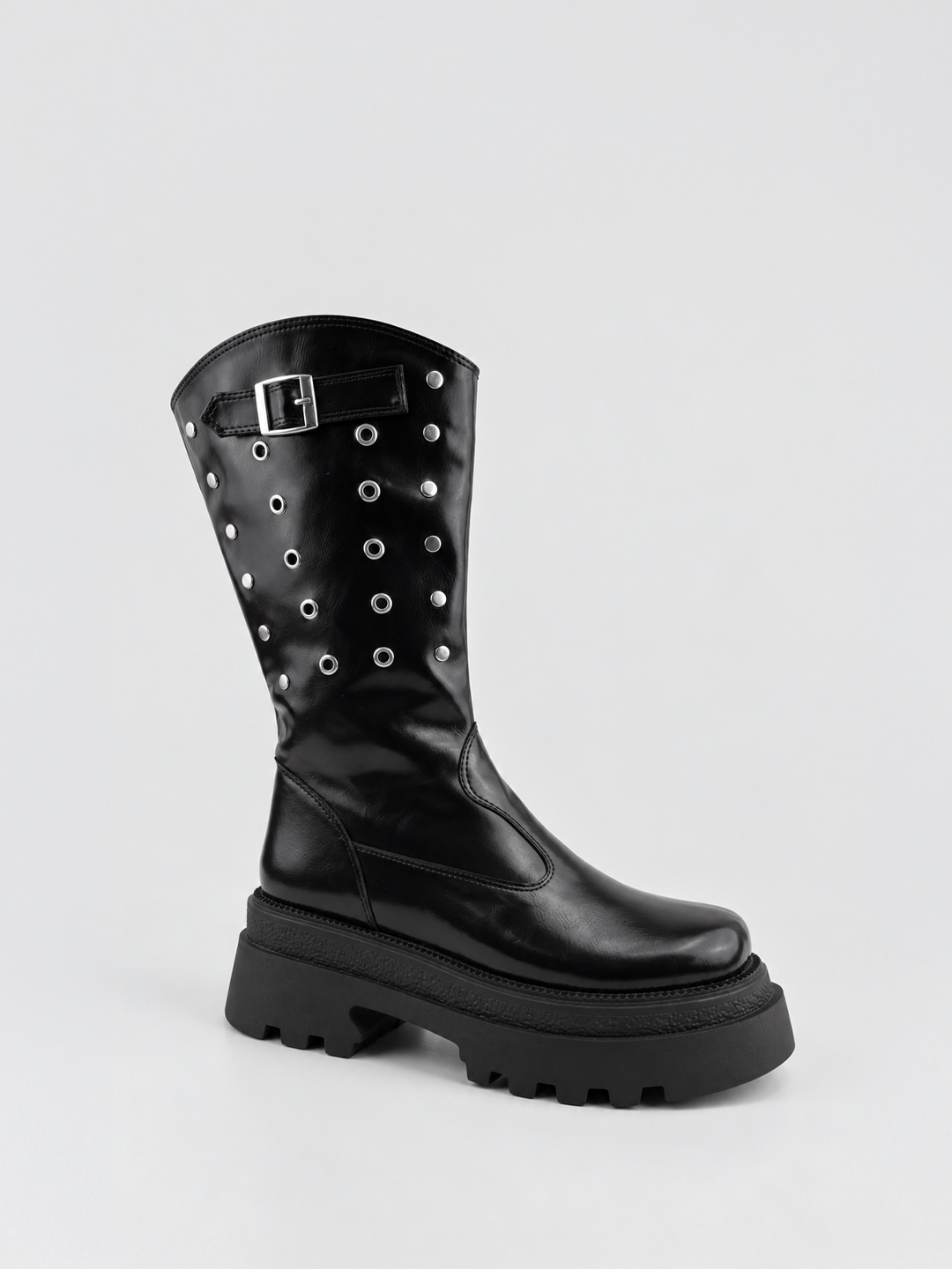 Black faux leather eyelet platform mid-calf boot – three-quarter view