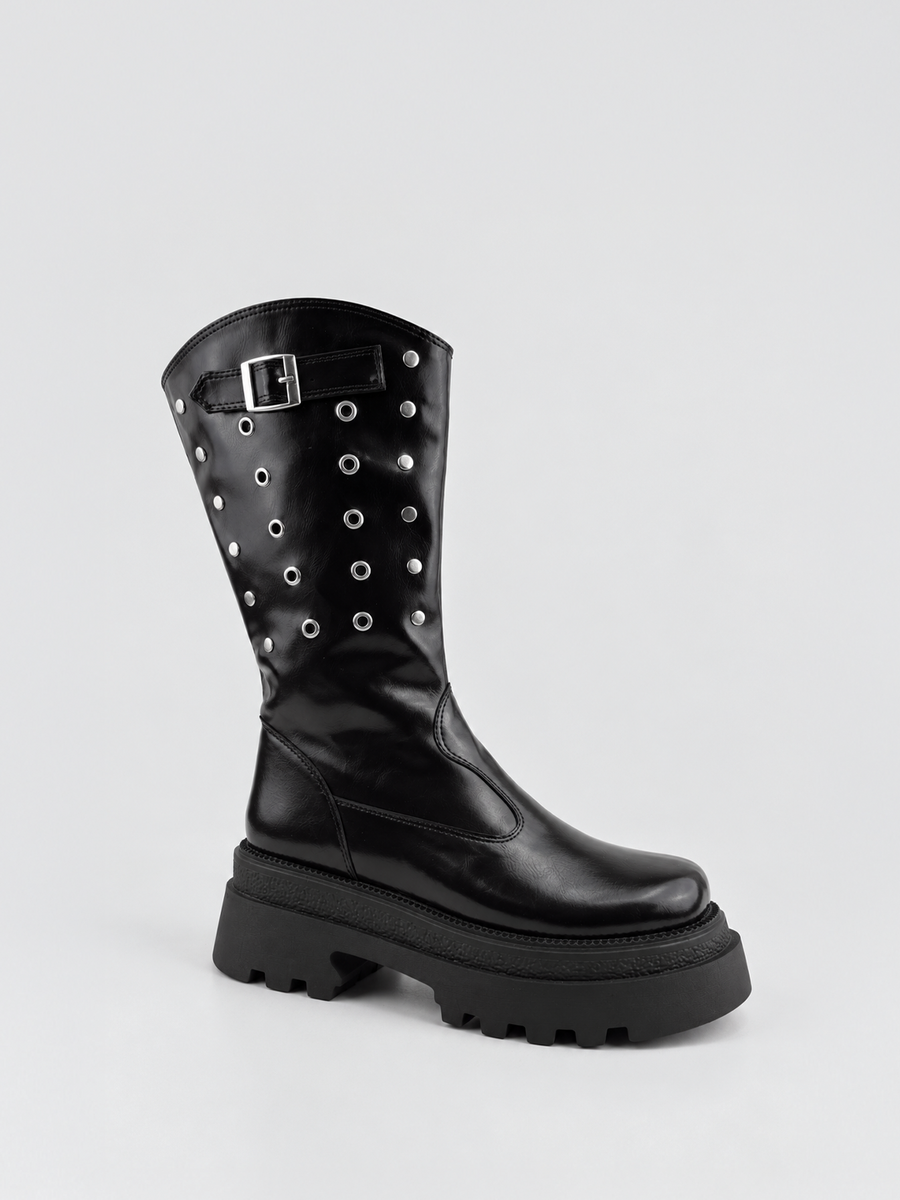 Faux Leather Eyelet Platform Mid-Calf Boot – Black