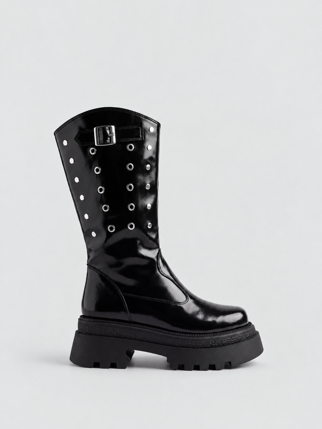 Black faux leather eyelet platform mid-calf boot – side view