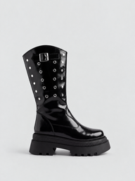 Faux Leather Eyelet Platform Mid-Calf Boot – Black