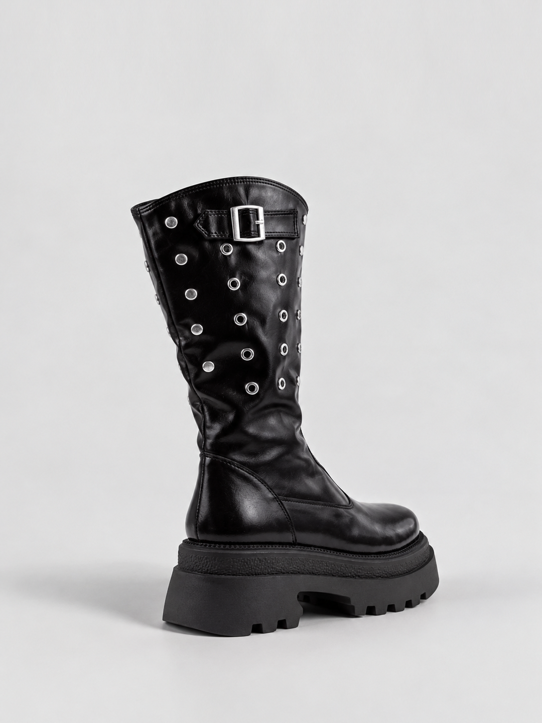 Black faux leather eyelet platform mid-calf boot – back three-quarter view