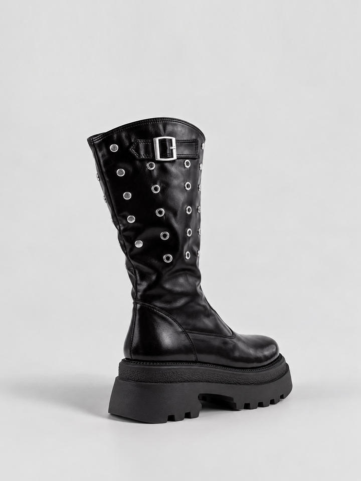 Black faux leather eyelet platform mid-calf boot – back three-quarter view