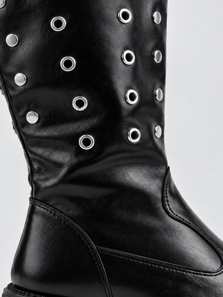 Black faux leather eyelet platform mid-calf boot – eyelet shaft detail