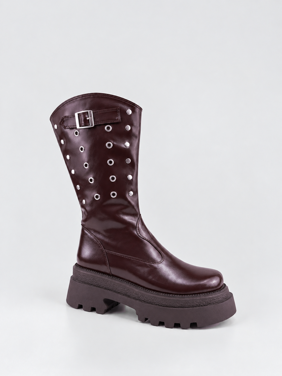 Brown faux leather eyelet platform mid-calf boot – three-quarter view
