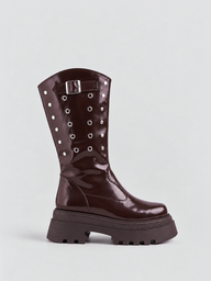 Faux Leather Eyelet Platform Mid-Calf Boot – Brown