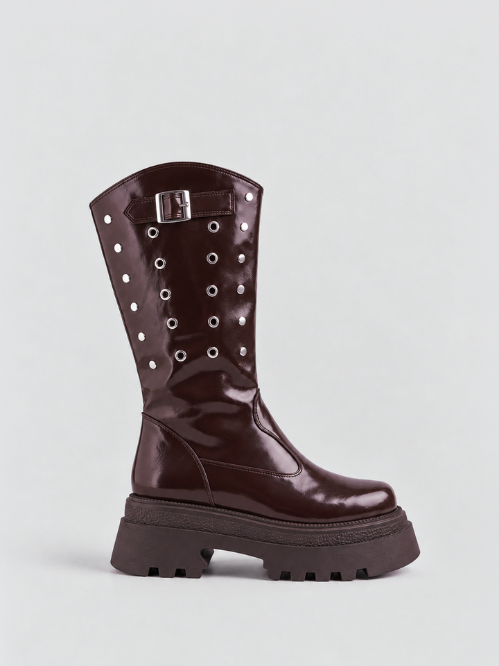 Brown faux leather eyelet platform mid-calf boot – side view