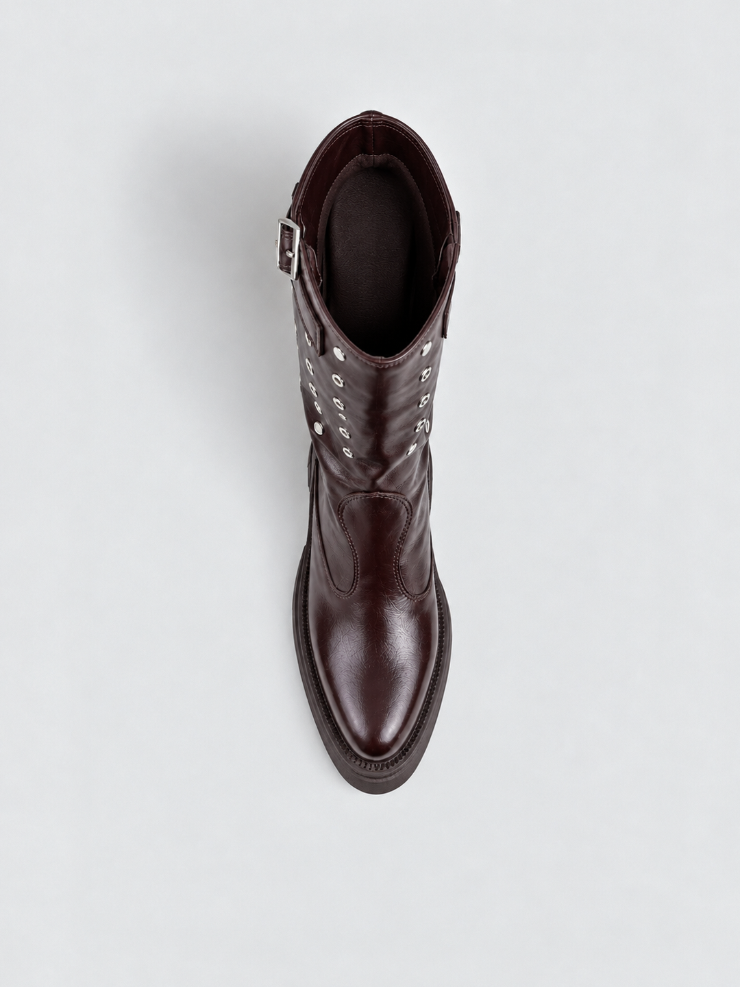Brown faux leather eyelet platform mid-calf boot – top view