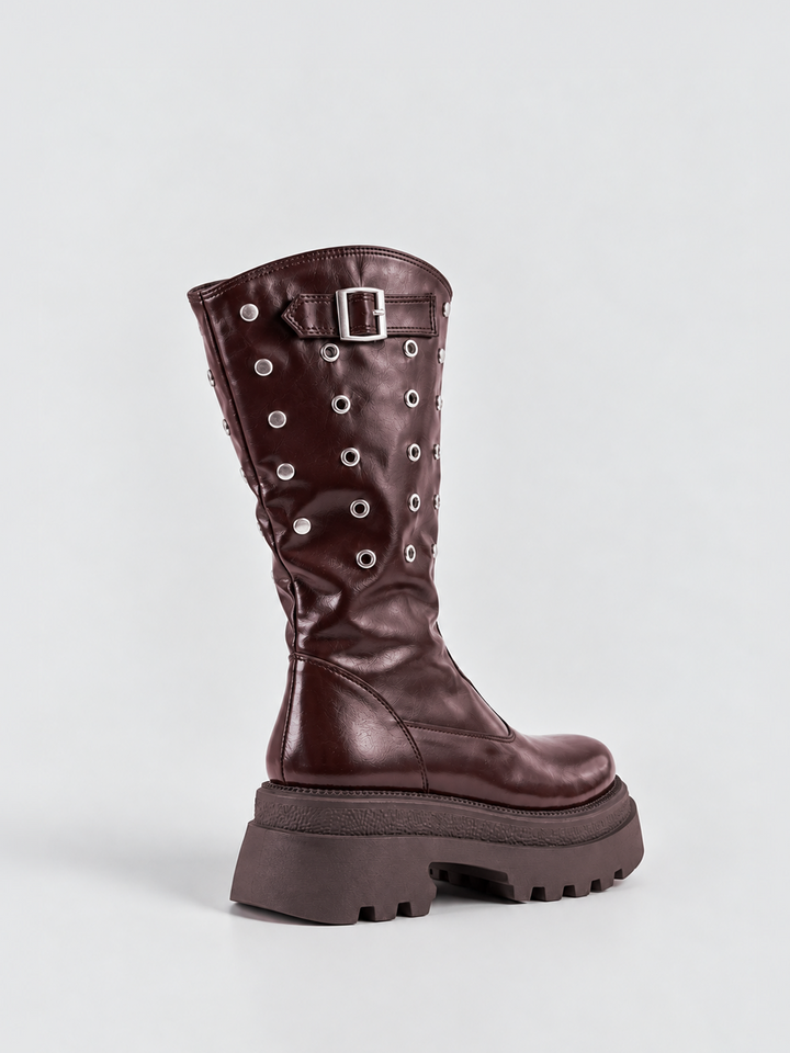 Brown faux leather eyelet platform mid-calf boot – back three-quarter view